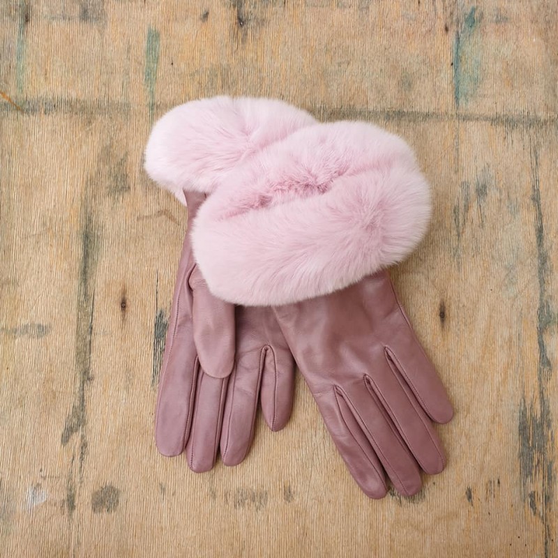 Gala Gloves ėriuko odos pirštinės su kailiu pilkai rožinės